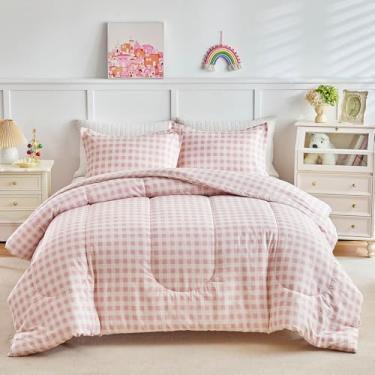Imagem de Joyreap Conjunto de edredom queen de algodão com 3 peças, estampa xadrez guingão rosa para meninas, macio, aconchegante, leve, conjunto de edredom para todas as estações - 223,5 x 223,5 cm
