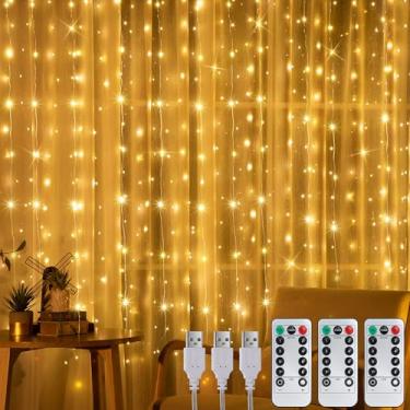 Imagem de Tuanse Pacote com 3 195 luzes de tapeçaria de LED para cortina, luzes de pano de fundo, 18 x 1,5 m, luz de cortina de fada pendurada com 8 modos de iluminação e controle remoto para quarto, janela