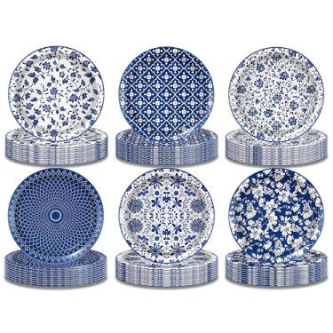 Imagem de 48 peças de pratos de papel florais azuis e brancos - pratos de sobremesa florais vintage descartáveis de 17 cm com decorações de porcelana chinoiserie | Perfeito para casamento, artigos de festa de