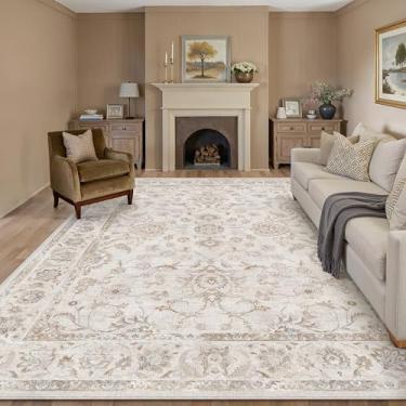 Imagem de WondRg Tapete lavável bege claro 20 x 25 cm para sala de estar, quarto, neutro, floral, macio, antiderrapante, tapete desgastado para sala de jantar, berçário, escritório, ambientes internos