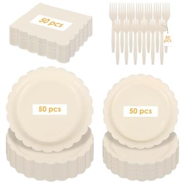 Imagem de Conjunto de utensílios de mesa recortados de 200 peças, louça descartável de cor sólida com guardanapo e garfo de prato de papel, pratos de plástico recortados para festa de aniversário, casamento
