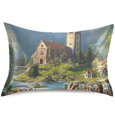 Imagem de Capa de almofada de cetim Castelo de Coelhinhos de Páscoa Padrão King Queen Capas de Travesseiro Cores Capas de Travesseiro de Cama Macia, Tamanho King, 101,6 cm x 50,8 cm