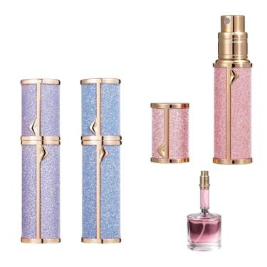 Imagem de OMISTAR 3 frascos de perfume de viagem, mini frasco atomizador de perfume recarregável portátil com enchimento inferior, design de glitter de luxo, rosa, roxo, azul, frasco recarregável de viagem para
