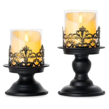 Imagem de HiSnug Castiçais Hurricane para velas de pilar - Castiçais de metal gótico com manga de vidro, 2 peças de castiçal decorativo vintage para mesa de jantar, decoração de casa, 2 peças, P + G, preto