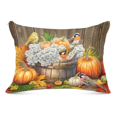 Imagem de Capas de travesseiro coloridas de flanela de abóbora com pássaros de outono decorativas para travesseiro padrão Queen King capa de travesseiro grande e macia, tamanho Queen, 50,8 cm x 76,2 cm
