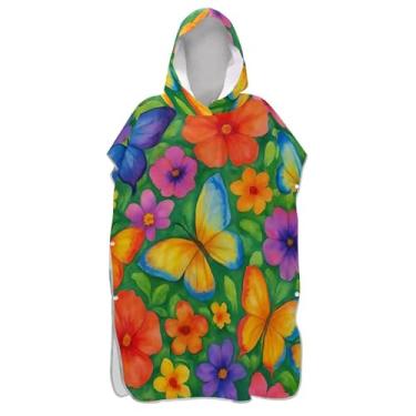 Imagem de TSENQUE Poncho de surf com borboletas coloridas e flores para adultos, roupão vestível masculino e feminino, poncho com capuz, toalha de banho com capuz de praia