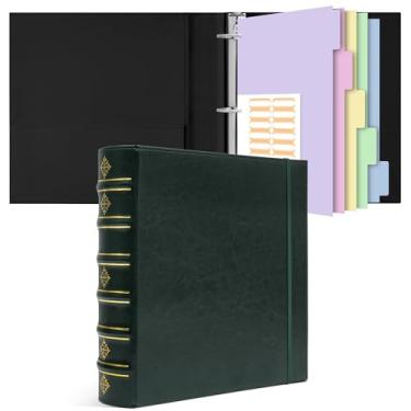 Imagem de Pasta de couro vintage com 3 anéis de 5 cm, organizador profissional de fichário com divisórias, serve para 21,6 cm x 28 cm, fichários D para escritório, casa e escola, verde