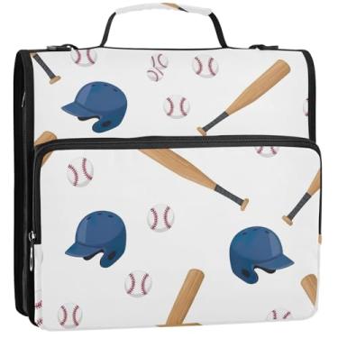 Imagem de 3 fichários para fichários de 3,8 cm, tacos de beisebol, branco, com zíper, bolsa organizadora de fichário com alça para portfólio de viagens escolares e porta-pastas, 34,5 x 31,5 x 9 cm