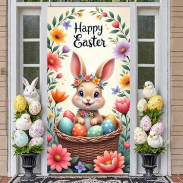 Imagem de Capa de porta de Páscoa feliz, 89 x 178 cm, cesta de flores de páscoa engraçada, bandeira de porta de coelho com corda de coelho, ovos de primavera, fundo fotográfico para decoração interna de
