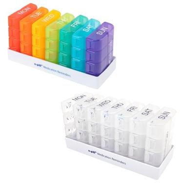 Imagem de e-Pill Organizador semanal grande de comprimidos 8 vezes por dia x 7 dias, caixa de vitaminas e medicamentos (pacote com 2 (transparente e arco-íris))