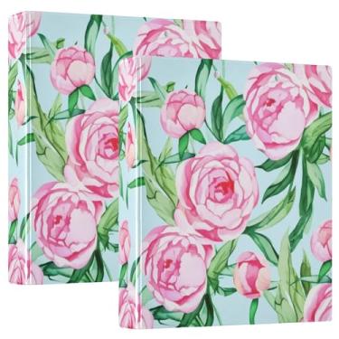 Imagem de Fichários personalizados de flores de peônia rosa em aquarela de 3 cm, 3 anéis, 200 folhas, portfólio, fofo, redondo, agenda, fichário, 31,5 x 27 x 6 cm, pacote com 2