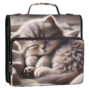 Imagem de Fichários de 3 cm com 3 anéis, gatinho resistente, fofo, organizador de fichário com zíper, bolsa escolar com alça de ombro, divertida, vários bolsos, pasta grande para portfólio