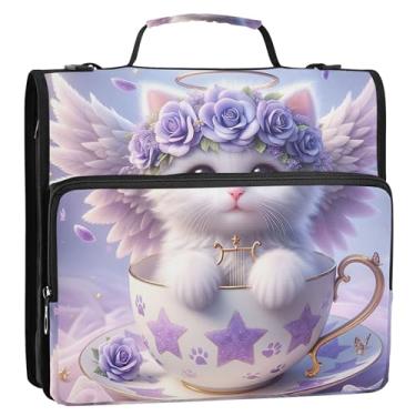 Imagem de Fichário floral de gato fofo anjo gatinho organizador com zíper 3 fichários de 3,8 cm D com alça bolsa escolar portfólio e estojo suporte de pasta de anel