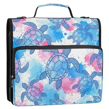 Imagem de Bolsa organizadora de fichário com zíper branco, tartarugas marinhas azuis e rosa, com alça, 3 anéis D, 3 anéis, porta-pastas, estojo de armazenamento de documentos com vários bolsos