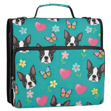 Imagem de Linda bolsa organizadora de fichário Boston Dog azul-petróleo com alça, 3 anéis de 3,8 cm, pasta de portfólio de anéis D, comporta 500 folhas para escola e escritório