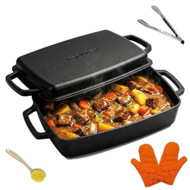 Imagem de IPROUDER Caçarola de ferro fundido pré-temperada 2 em 1 com tampa de frigideira, forno holandês de ferro fundido, assadeira retangular, assadeira para lasanha, pão de fermento, 33 x 23 cm