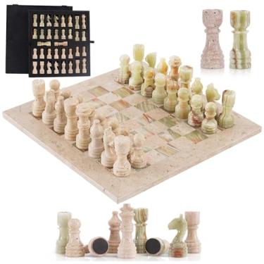 Imagem de SPESHSTONES Marble Chess Set for Adults 12 Inch Handmade Travertine and Green Board Game with Storage Box, Classic Table Chess Set for Family with Pieces & 2 Extra Queens, Elegant Gifts & Home Décor