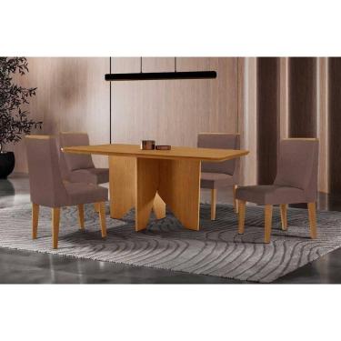 Imagem de Sala Jantar Mesa Nevada Tampo Curvo 120cm+4 Cadeiras Dakota Madeira Naturale - Capuccino/Corano Capuccino - Rufato