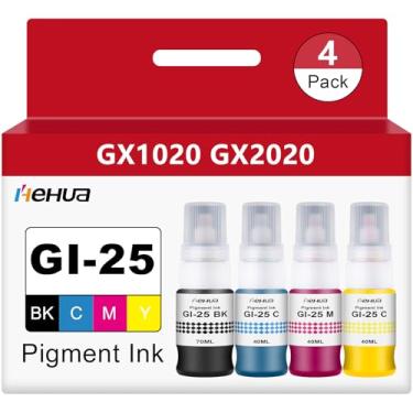 Imagem de hehua Garrafas de refil de tinta Pigment GI-25 GI25 de substituição para frascos de tinta Canon 25 GI-25 compatíveis com impressoras Megatank de tinta Canon GX2020 GX1020, pacote com 4 190 ml (preto