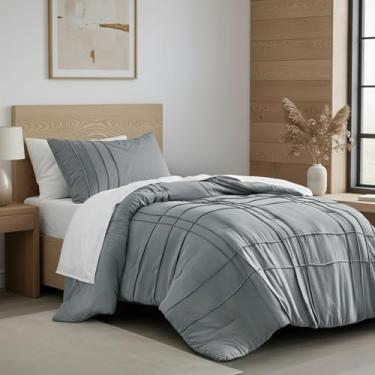 Imagem de Conjunto de edredom solteiro com pregas de beliscar, conjunto de cama de 2 peças com padrão quadriculado, microfibra pré-lavada, leve e fofo, tamanho solteiro, azul/cinza, aquecimento para todas as