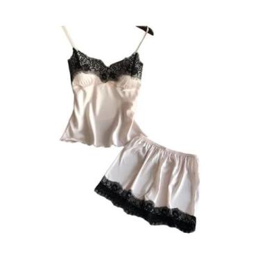 Imagem de Conjunto De Pijamas Sexy Feminino Com Decote Em V De Renda, Top De Sed