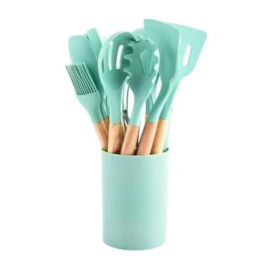 Imagem de Jogo de Cozinha Kit C/12 Pçs de Silicone Utensílios e Copo Suporte para Cozinha Cabo de Madeira Su(12 Peças-31.5CM-Macaron Verde)