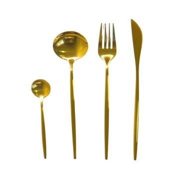 Imagem de Jogo de Talheres Monocromático Inox Dourado (4 Peças) – Design Coreano e Europeu para Mesa Posta Moderna I Faca, Garfo, Colher de Sobremesa, Colher (Dourado)