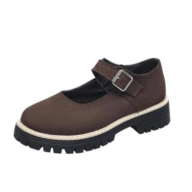 Imagem de Mocassins Femininos Casuais com Salto Bloco Acabamento Camurça Bico Redondo Sapatos de Salto Médio para Roupas Relaxadas e Diárias, Café, 34