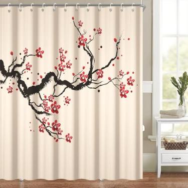 Imagem de Cortina de chuveiro floral asiática para banheiro, elegante, ameixa vermelha, cortina de chuveiro, pintura de tinta tradicional chinesa, cortina de banho, lavável à máquina, tecido de poliéster
