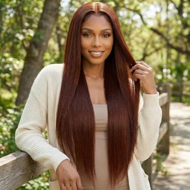 Imagem de Peruca frontal reta de cabelo humano, 33 x 4 peruca frontal de renda transparente sem cola, linha do cabelo natural pré-arrancada - marrom escuro de 76 cm