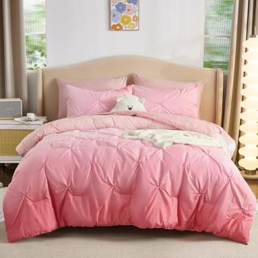 Imagem de Dinjoy Jogo de cama solteiro Ombre, 5 peças, para crianças, adolescentes, arco-íris colorido com edredom, lençol de cima, lençol com elástico, fronhas e fronhas, rosa