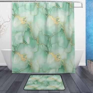 Imagem de Kigai Lindo conjunto de tapetes de cortina de banho com textura de mármore dourado verde 2 peças, conjunto de tema de banheiro (152 x 182 cm) com cortina de chuveiro e tapete antiderrapante - 12