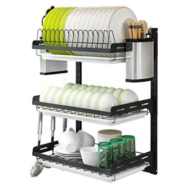 Imagem de Escorredor de louças, suporte de parede, preto, 201, aço inoxidável, suporte de secagem, faca, pauzinhos, tigela de drenagem, suporte de armazenamento de pratos (tamanho: 2 camadas) (uma cor 3 camadas