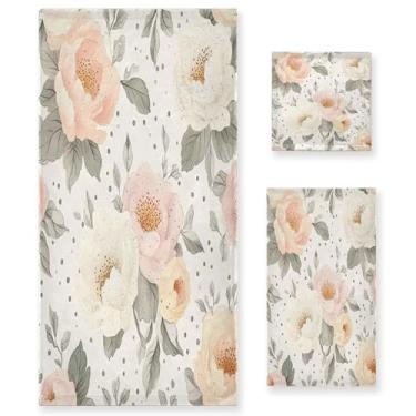 Imagem de xigua Conjunto de toalhas de banheiro peônias e rosas em aquarela absorvente macio 3 peças toalha de banho toalha de mão toalhas decorativas para banheiro, academia, hotel, praia, piscina