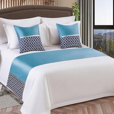 Imagem de Cachecol de corredor de cama de hotel luxuoso macio decoração de cama de emenda de seda para quarto de cama proteção moderna toalha de cauda para cama gêmea, queen king, tamanho azul||50 x 240 cm para
