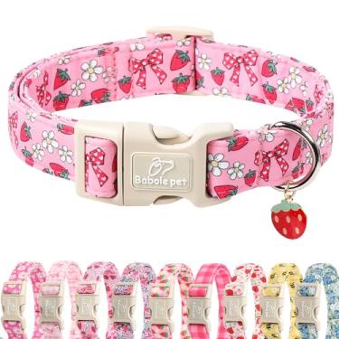 Imagem de Babole Pet Coleira de cachorro com laço de morango para filhotes de cachorro pequeno – coleira rosa fofa primavera/verão para meninas, coleiras leves e ajustáveis para cães femininos com fivela de
