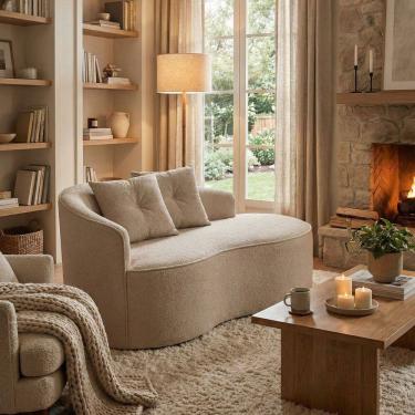 Imagem de Sofá Orgânico Curvo Feijão Confortável Sala Estúdio Amore Bouclê Bege - Montanari`s Decor