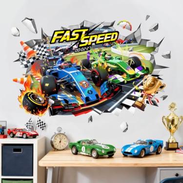 Imagem de Decalques de parede de carro de corrida 3D para fãs de corrida de meninos - Fórmula 1 rápida adesivos de parede para crianças pequenas, adolescentes, quarto, berçário, sala de jogos, sala de aula