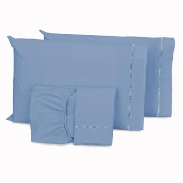 Imagem de Jogo Lençol Casal 4 Peças Ponto Palito Percal Veludo 400 Fios Muitas Cores Lindas(Azul)