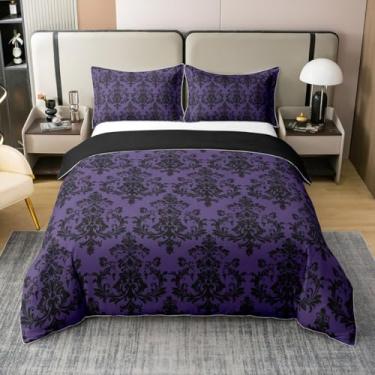 Imagem de Conjunto de capa de edredom roxo preto damasco 100% algodão natural antigo vitoriano barroco boho, reversível, tamanho king size para quarto, vintage, gótico, renda, estampa floral, capa de cama, 2