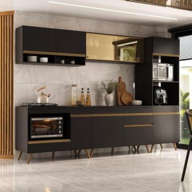 Imagem de Cozinha Modulada Completa Compacta 287cm Com Balcão Para Cooktop Veneza Multimóveis Mp2269 Preto Dourado