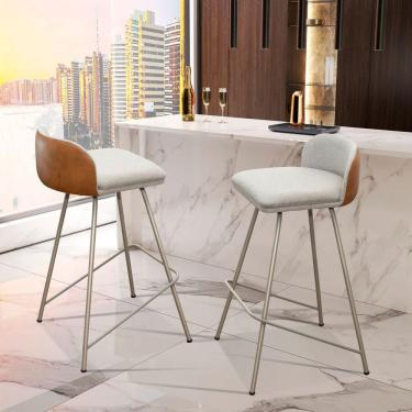 Imagem de Kit 2 Banqueta Luxo Alta Nobre - Estrutura Em Aço Na Cor Champanhe - Estofado Em Linho Com Composê