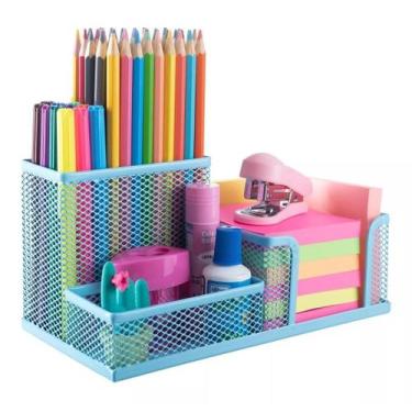 Imagem de Organizador De Mesa Porta Caneta Lápis Escritório Aramado - PGB, Azul