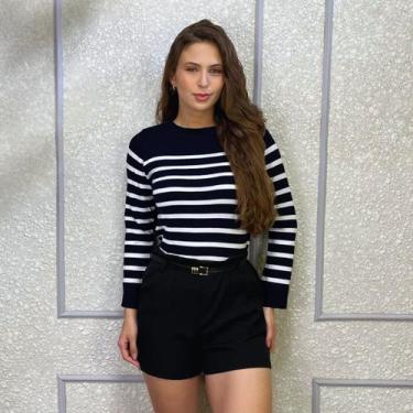 Imagem de Blusa Tricô Modal Feminina Listrado Elegante Tendência Frio - Exposiçã
