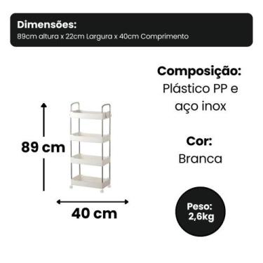 Imagem de Prateleira Multiuso 4 Andares com Rodinhas Branca - Globalmix