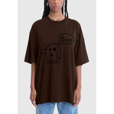 Imagem de Camiseta Oversized Feminina 100 Algodão Gola Redonda Estampa Boo Fantasma Streetwear-Feminino