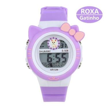 Imagem de Relógio Infantil Roxo Gatinho com LED - Tudo em Caixa