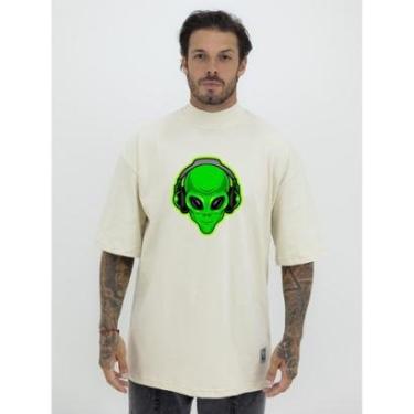 Imagem de Camiseta Camisa Oversized Gola Alta Estampa ET Green Streetwear Algodão Premium Creme-Masculino