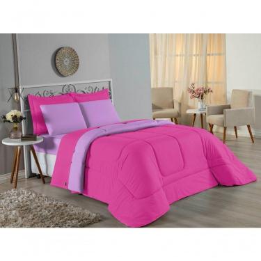 Imagem de Kit Edredom Dupla Face + Jogo De Lençol Solteiro Nobre 5 Peças Malha 100% Algodão - Pink / Lilás