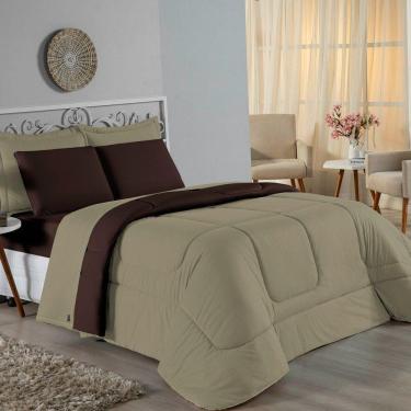 Imagem de Kit Edredom Dupla Face + Jogo De Lençol Casal Nobre 7 Peças Malha 100% Algodão - Avelã / Marrom